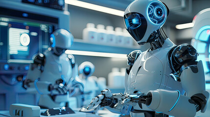 Fototapeta premium Doctor employing AI robots for diagnosis and patient treatment showcasing advanced medical technology and innovation realistic depiction soft blue illumination futuristic lab 