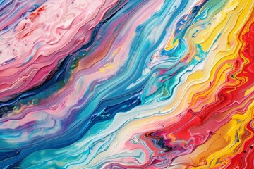 Vibrant abstract painting with swirling colors. Fluid acrylic pour technique creates mesmerizing patterns of pink, blue, yellow, and red hues blending seamlessly.