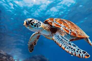 Fototapeta premium A majestic sea turtle glides through crystal-clear blue waters, its intricate shell patterns and graceful movements captured in stunning detail.
