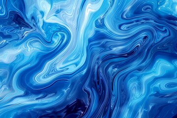 Fototapeta premium Swirling blue abstract pattern resembling fluid dynamics or marble textures. Intricate waves and curves create a mesmerizing, oceanic-like flow of various shades of blue.
