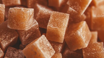 Close-up view of brown sugar cubes with a clear label, surrounded by green sugar cane stalks. Focus on clarity, quality, isolated background, studio lighting