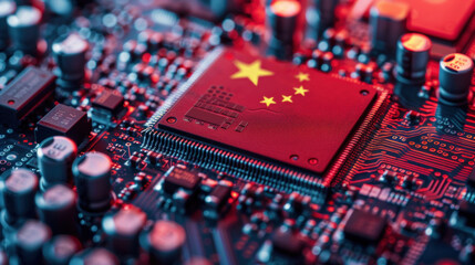 Fototapeta premium Depiction of a processor unit symbolizing the global chip war and crisis, featuring the Chinese flag, highlighting a significant world issue..