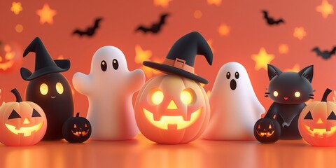 Fototapeta premium Festive and adorable Halloween scene featuring two cute ghost figures, a carved jack-o’-lantern pumpkin wearing a witch hat, smaller pumpkins, playful bats, and star decorations.