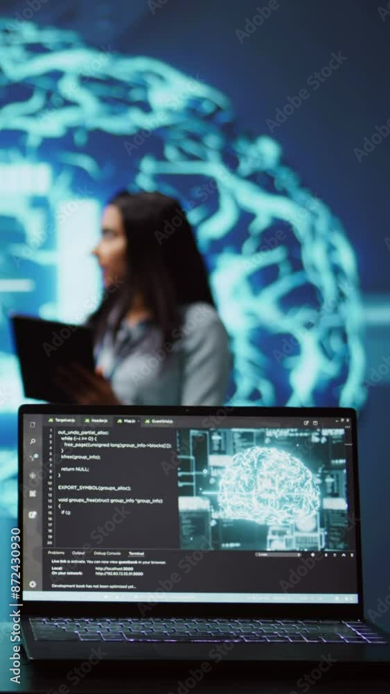 Poster vertical video focus on laptop in workspace used by ai researchers working with artificial intellige