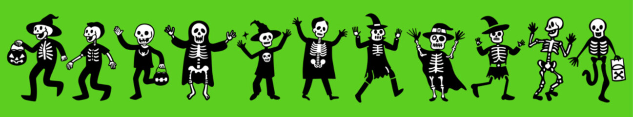 A cute simple doodle vector illustration set of people in various skeleton Halloween costumes