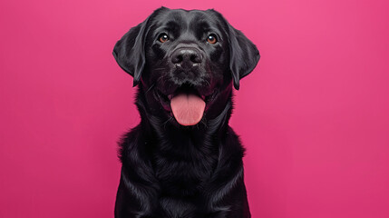 Obraz premium Happy Black Dog Sitting Against Dark Magenta Background 
