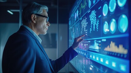 A senior data analyst focuses on interpreting complex data visualizations displayed on high-tech digital screens. AIG41