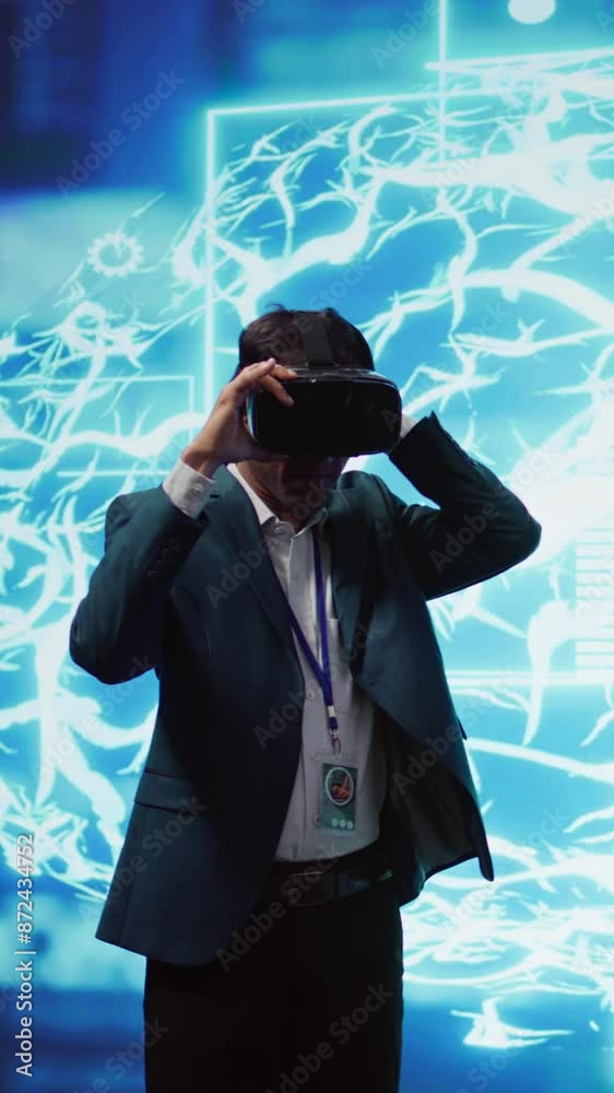 Poster vertical video engineers use vr smart goggles and ai neural networks to solve company problems. it e