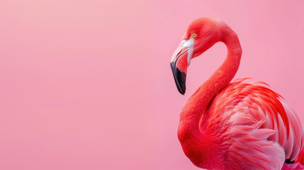 striking portrait of a flamingo on a seamless pink background