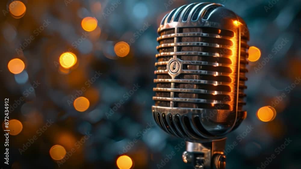 Poster this vintage microphone against a background of bokeh lights. podcast and streaming concept
