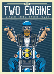 Vector Illustration of Man Riding Chopper Motorcycle in Front View with Vintage Illustration Available for Poster