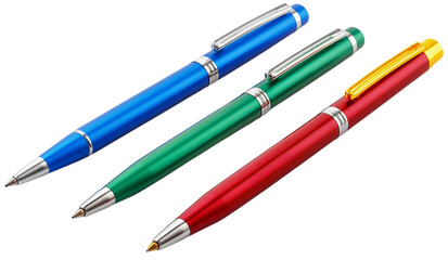 Set of three pens of different colors, red blue and green isolated on transparent background. Stationery business office write object, plastic school tool equipment