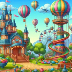 Imaginative Art and Illustration, Lively Playground and Amusement Park Theme. Realistic yet Fantastical Cartoon Style Scene for Wallpapers, Story Backgrounds, and Card Designs