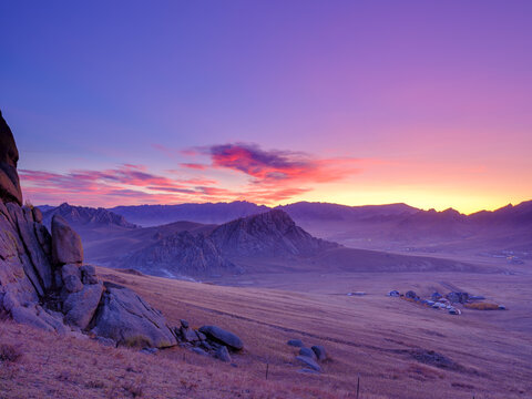 Dawn, rock formations in Gorchi Terelj National Park, Ulan Bator, Mongolia, Asia