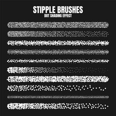 Stipple scatter brush, ink drawing and texturing. Fading gradient. Stippling, dotwork drawing, shading using dots. Halftone disintegration effect. White noise grainy texture. Vector illustration