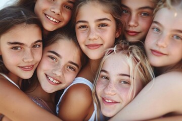 Fototapeta premium Group of smiling young girls close together, embracing and enjoying a moment of friendship. Concept of youth, togetherness, and happiness. 