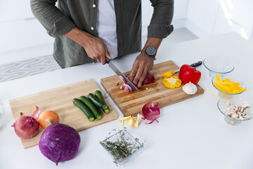 Chopping vegetables on cutting board, man preparing ingredients in kitchen