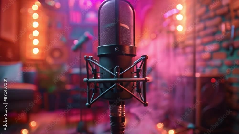 Poster this professional microphone stands ready in a recording studio.
