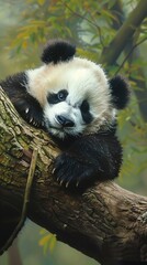 Obraz premium Adorable baby panda climbing a tree, surrounded by lush forest greenery and nature