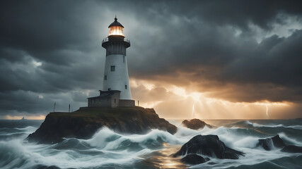 Obraz premium lighthouse on the shore of the sea generated by AI technology