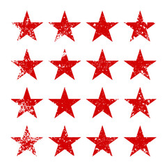 Red vintage stars with cracks and stains. Old hand-drawn sign, black simple shape. Retro design element with distressed effect, grunge texture. Vector illustration