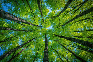 Obraz premium Looking Up at a Vibrant Green Forest Canopy with Sunlight Streaming Through