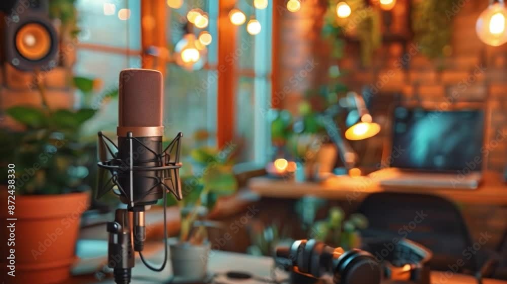 Poster this microphone in a home recording studio. podcast and streaming concept