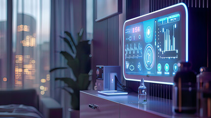 Fototapeta premium Ultra-detailed image of a smart home health monitoring system modern design soft blue backlighting 