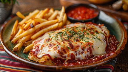 Neapolitan Milanese topped with tomato sauce, ham and melted cheese with golden French fries