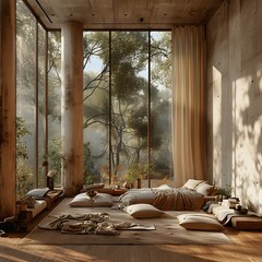 Tranquil Minimalist Bedroom with Forest View