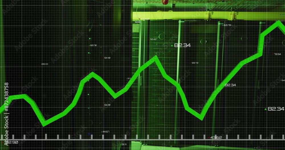 Poster image of graph with changing numbers over illuminated data server racks in server room