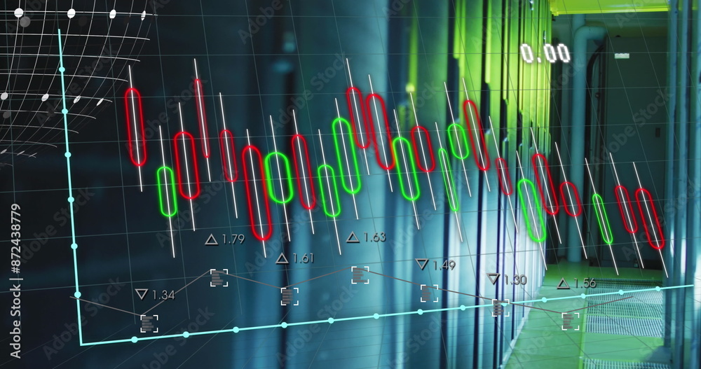 Poster image of multiple graphs and numbers with globe over data server room