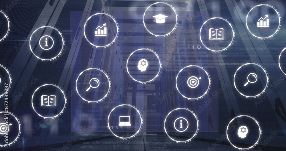 Poster Image of multiple icons, graphs and computer language over data server room