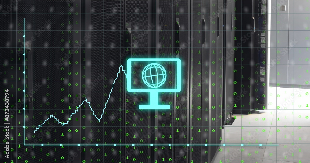 Poster image of computer with globe, binary codes, graphs, social media icons over data server room
