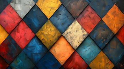 Seamless background texture with diamond-shaped rhombus patterns in a bold color scheme, creating a dynamic and visually appealing design for modern artwork. , Minimalism,