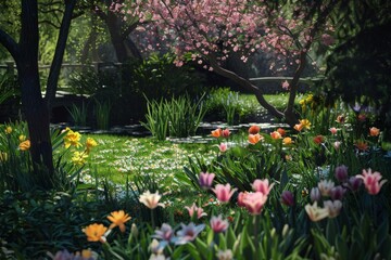 Fototapeta premium A lush green garden with a pink tree in the background
