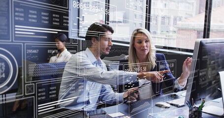 Image of graphs, changing number, loading bars, circles, caucasian coworkers discussing reports