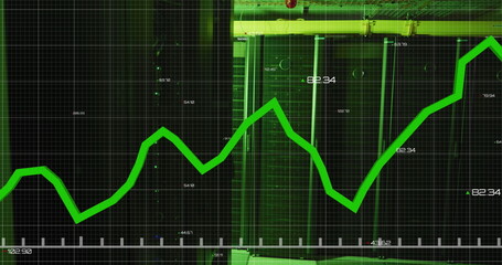 Image of graph with changing numbers over illuminated data server racks in server room