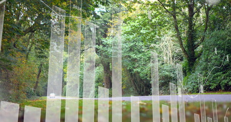 Image of multiple graphs with changing numbers over vehicle on street against trees