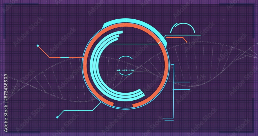 Poster image of scope scanning and data processing over purple grid and dna chain