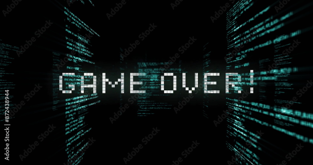 Poster image of game over text over data processing on black background