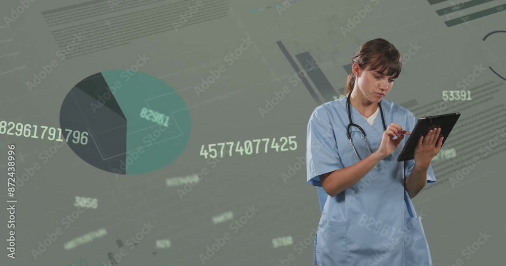 Poster Image of financial data processing over caucasian female doctor