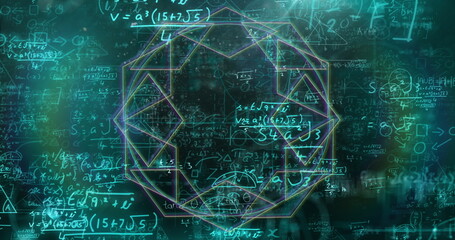 Image of globe and mathematical data processing on black background