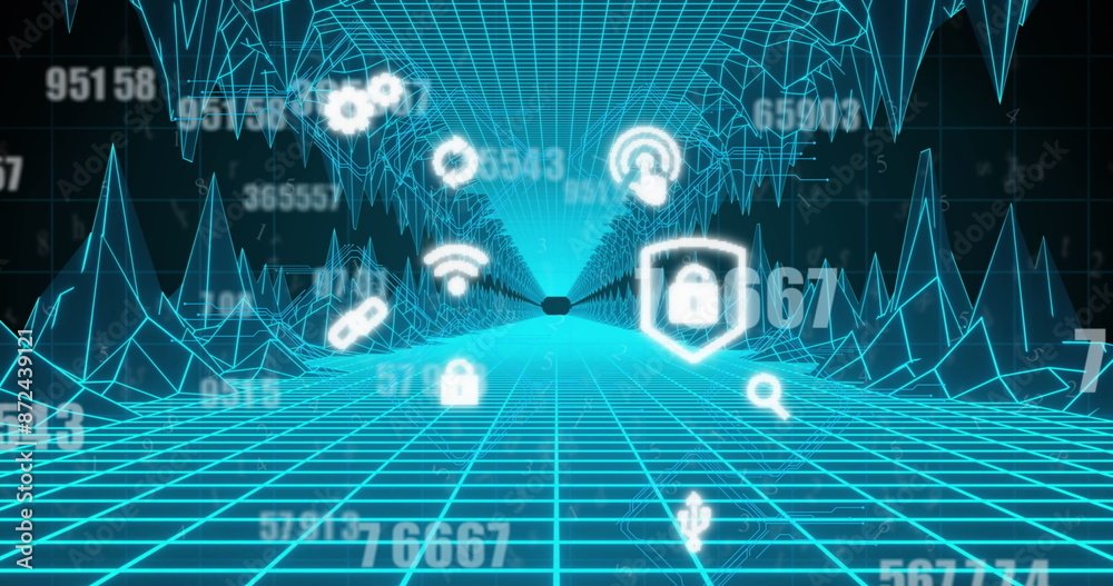 Poster image of digital icons floating over glowing image game grid in background