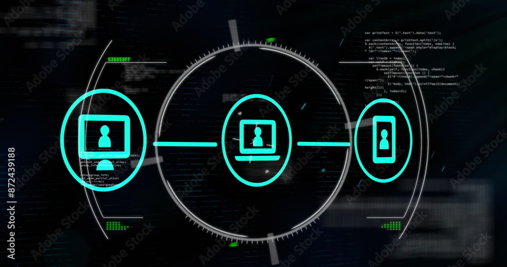Poster image of flowchart of icons and circles over computer language against black background
