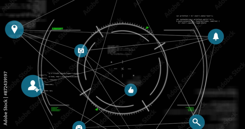 Poster image of connected icons and circles with computer language over black background