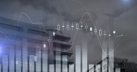 Image of statistics and financial data processing over cityscape