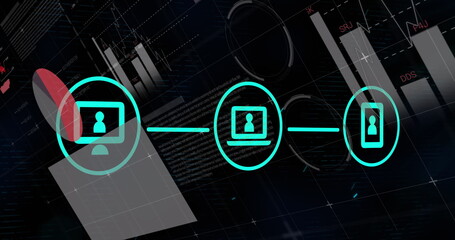 Image of flowchart of icons with infographic interface over black background