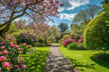 Fototapeta premium A lush green garden with a pink tree in the background