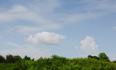 Image of a sky with white clouds and green mountains.